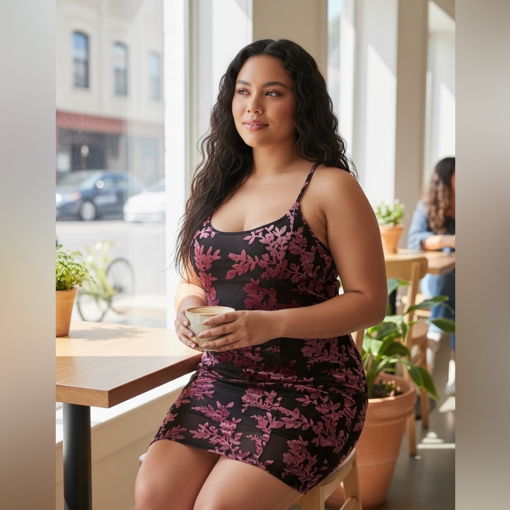 NEW•1X-2X•Soul Sunrise Burnout Unique Velvet Dress Black & Wine